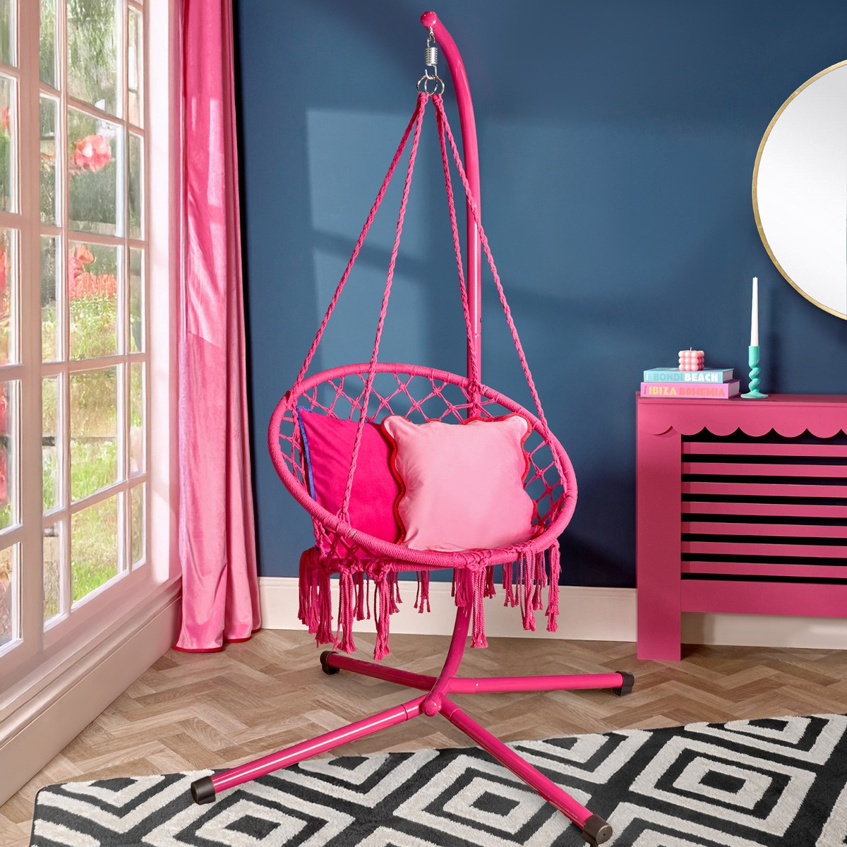 OHS Macrame Knotted Swing Chair - Hot Pink>