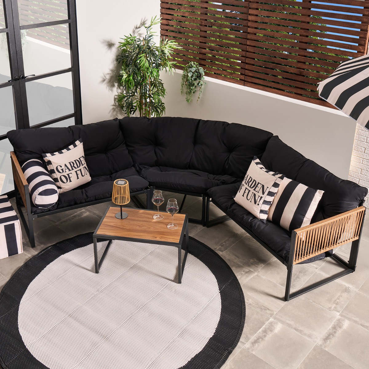 OHS Santorini 5 Seater Corner Sofa Set - Black>