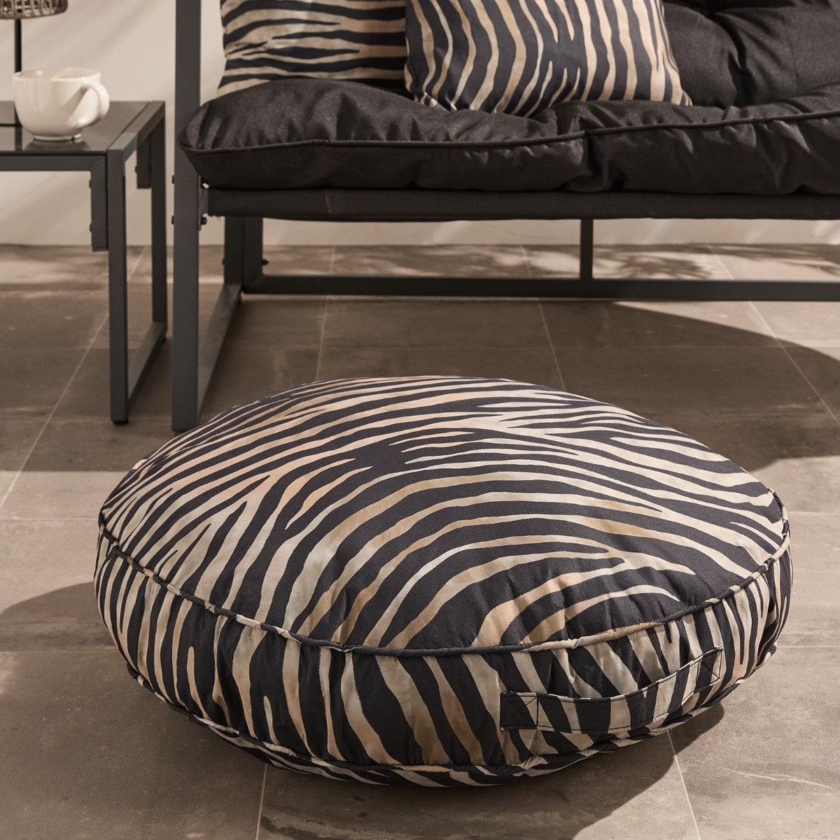 OHS Indoor/Outdoor Zebra Print Round Filled Cushion - Monochrome>
