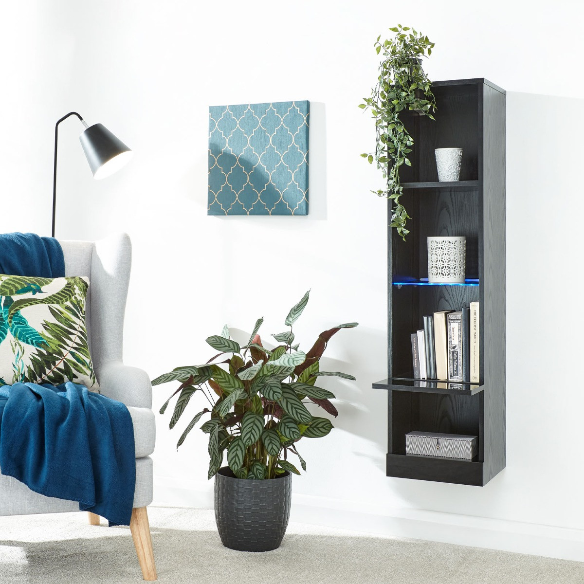 Galicia Wall Mounted Tall Shelf Unit With LED Lights - Black>