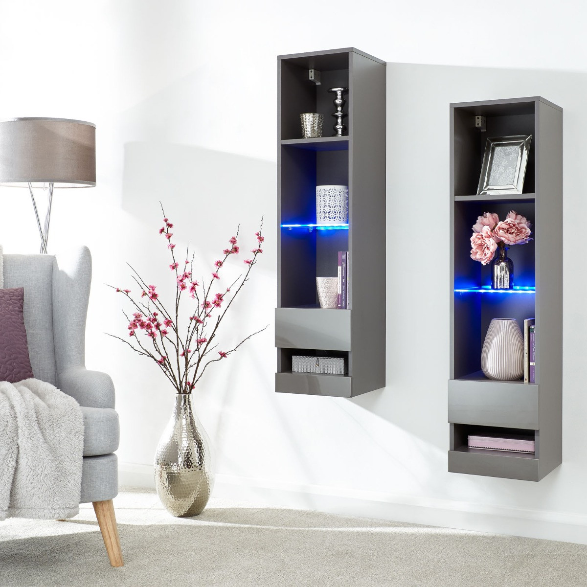 Galicia Wall Mounted Tall Shelf Unit With LED Lights - Grey>