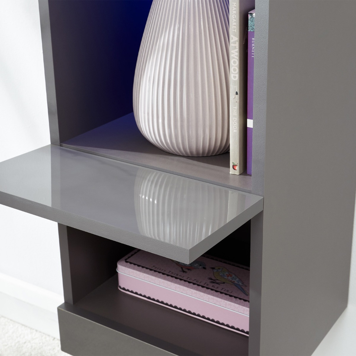 Galicia Wall Mounted Tall Shelf Unit With LED Lights - Grey>