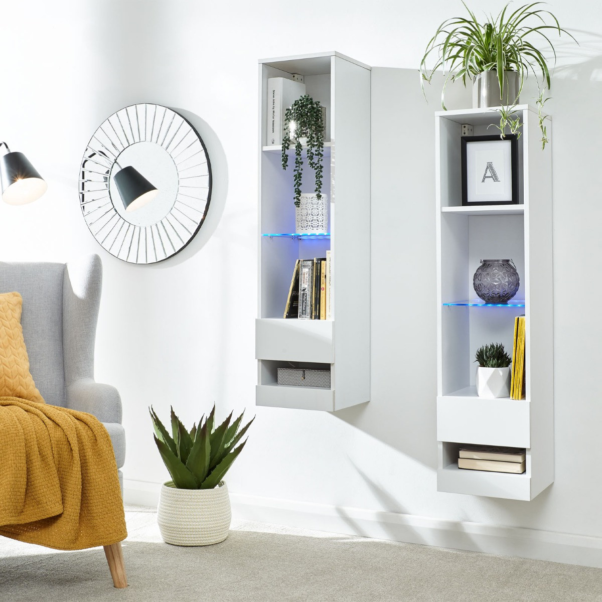 Galicia Wall Mounted Tall Shelf Unit With LED Lights - White>