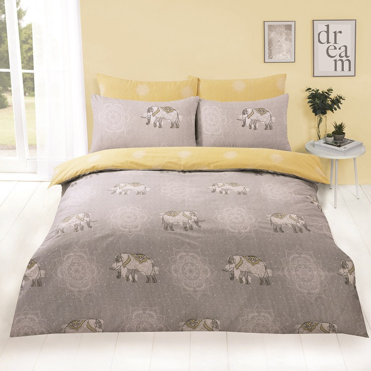 OHS Elephant Mandala Duvet Cover Set - Grey/Ochre>