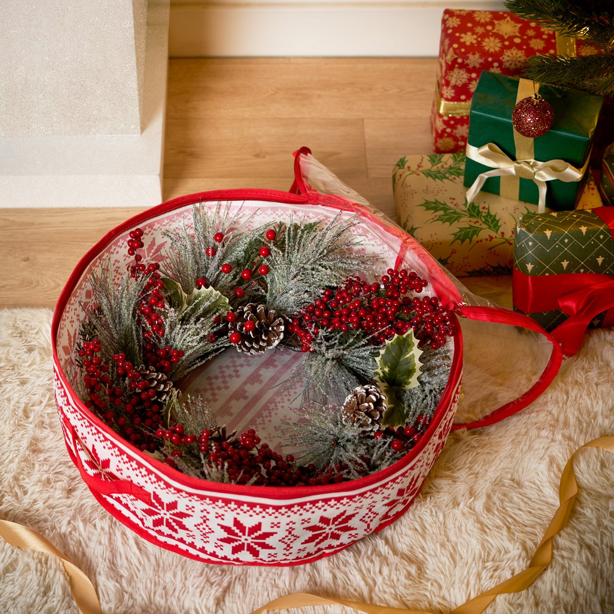 OHS Nordic Print Wreath Storage Bag - Red>