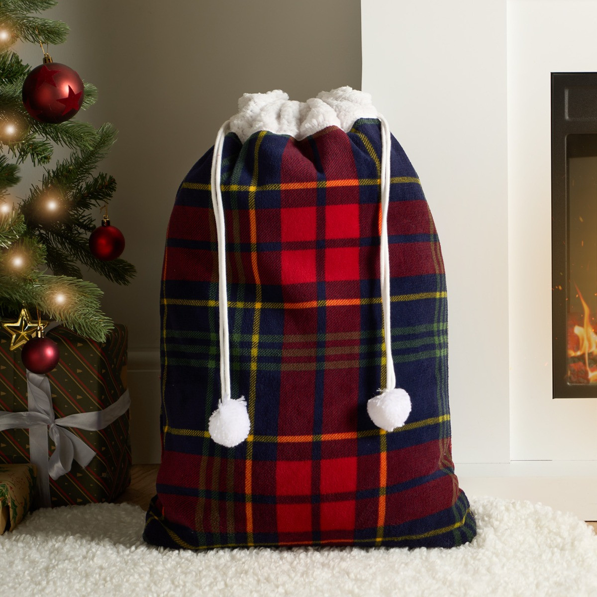 OHS Oxford Check Flannel Sherpa Reverse Christmas Storage Sack - Navy/Red>