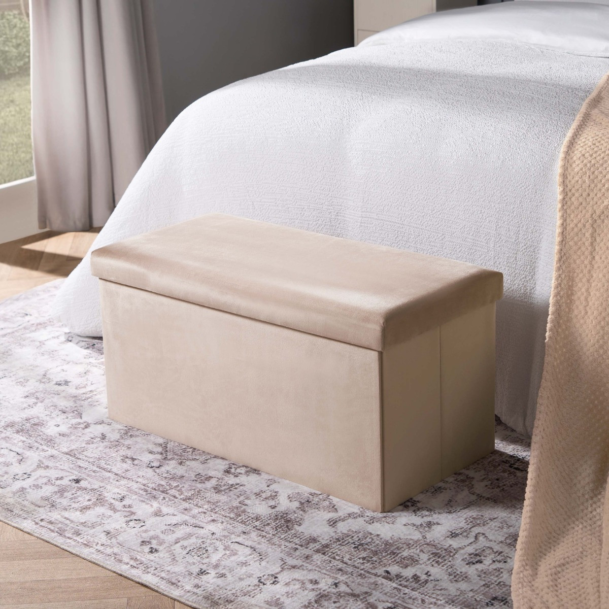 OHS Matte Velvet Foldable Rectangle Storage Ottoman - Natural>