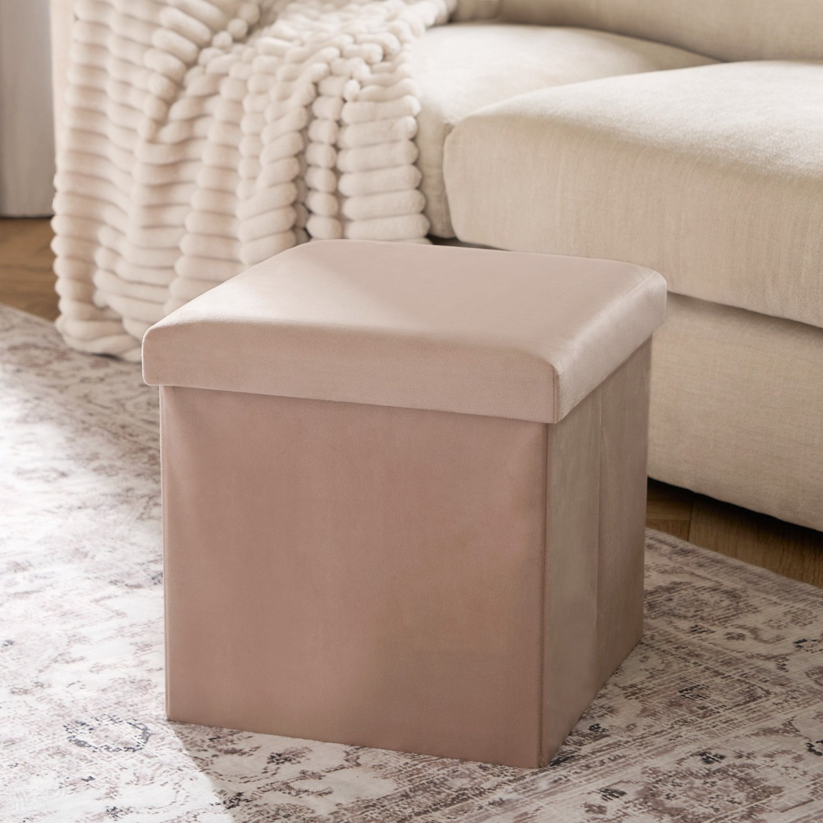 OHS Matte Velvet Foldable Cube Storage Ottoman - Natural>