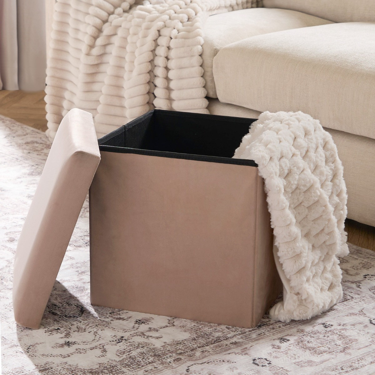 OHS Matte Velvet Foldable Cube Storage Ottoman - Natural>