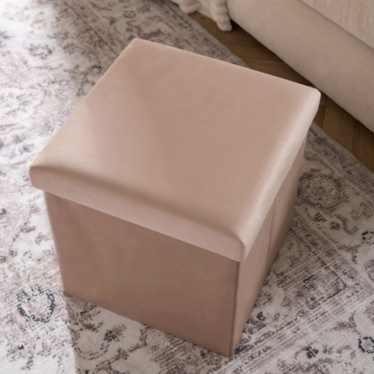 OHS Matte Velvet Foldable Cube Storage Ottoman - Natural>