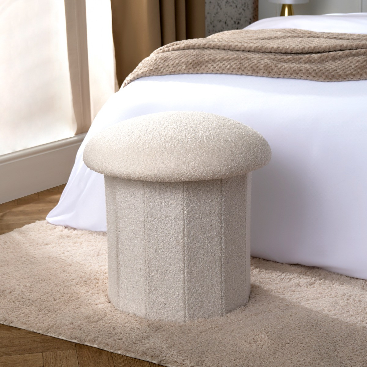 OHS Boucle Foldable Toadstool Storage Ottoman - White>
