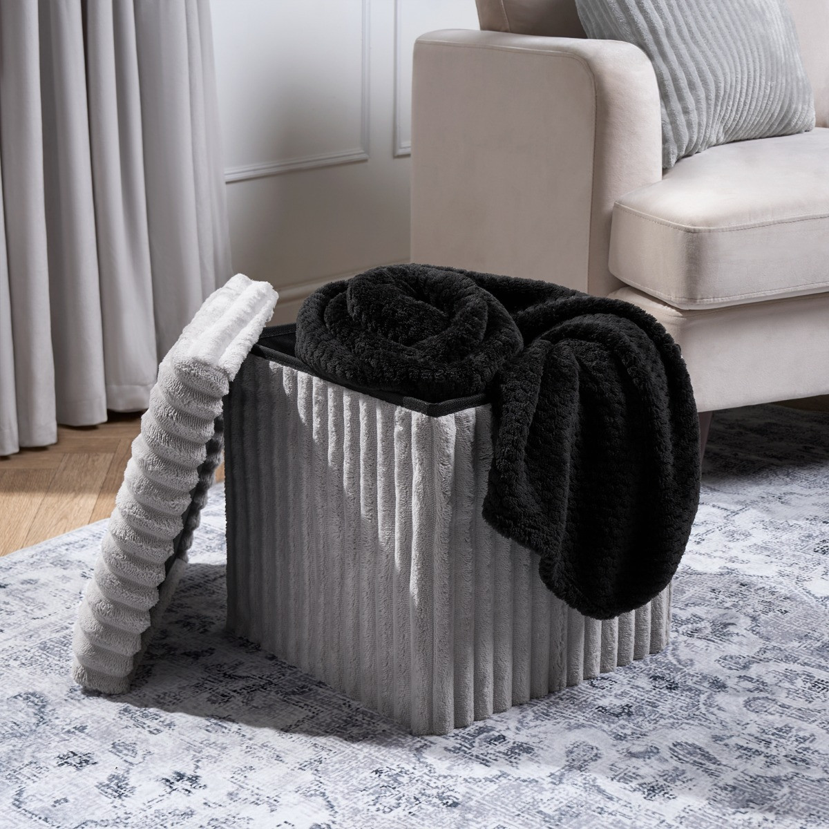 OHS Ribbed Foldable Cube Storage Ottoman - Grey>