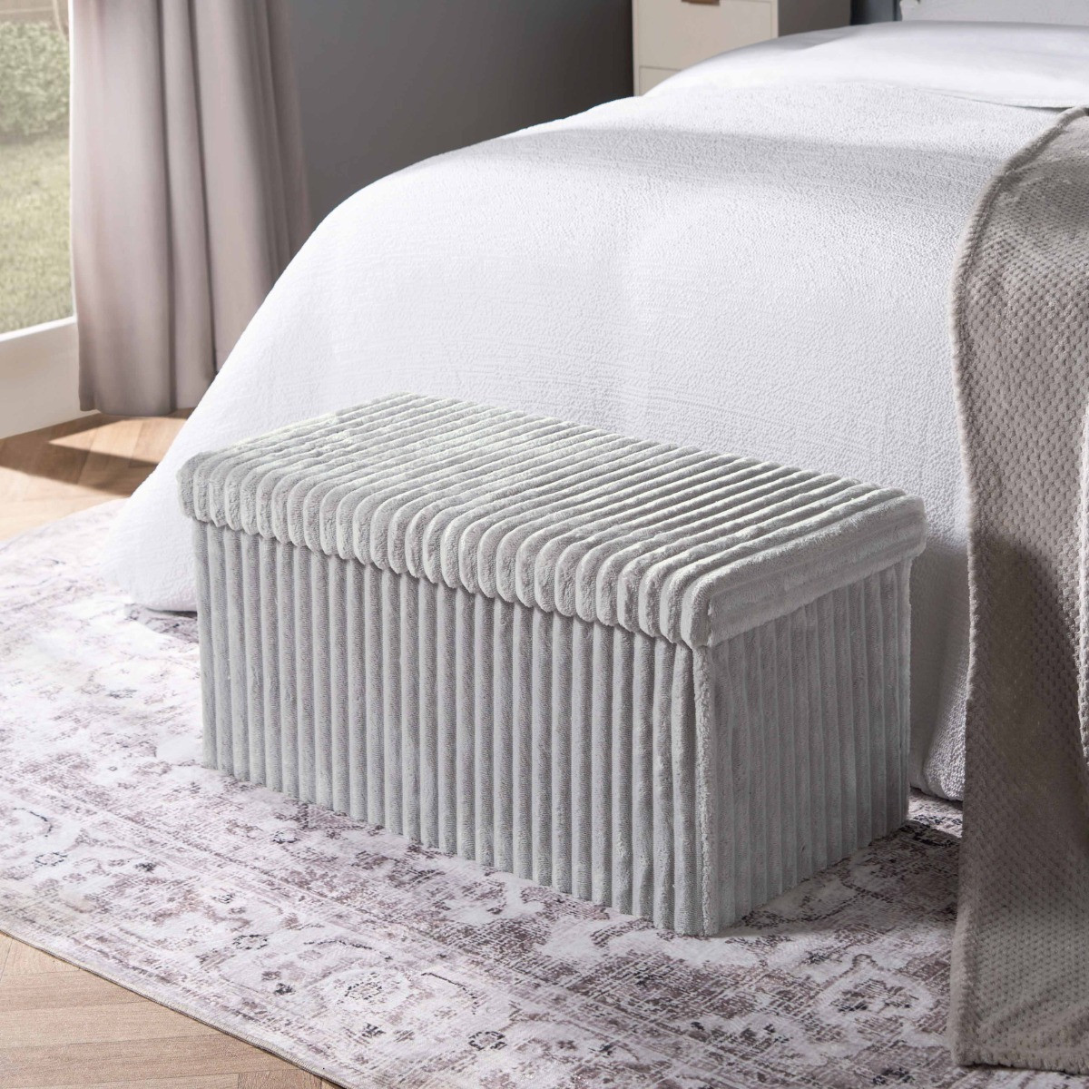 OHS Ribbed Foldable Rectangle Storage Ottoman - Grey>