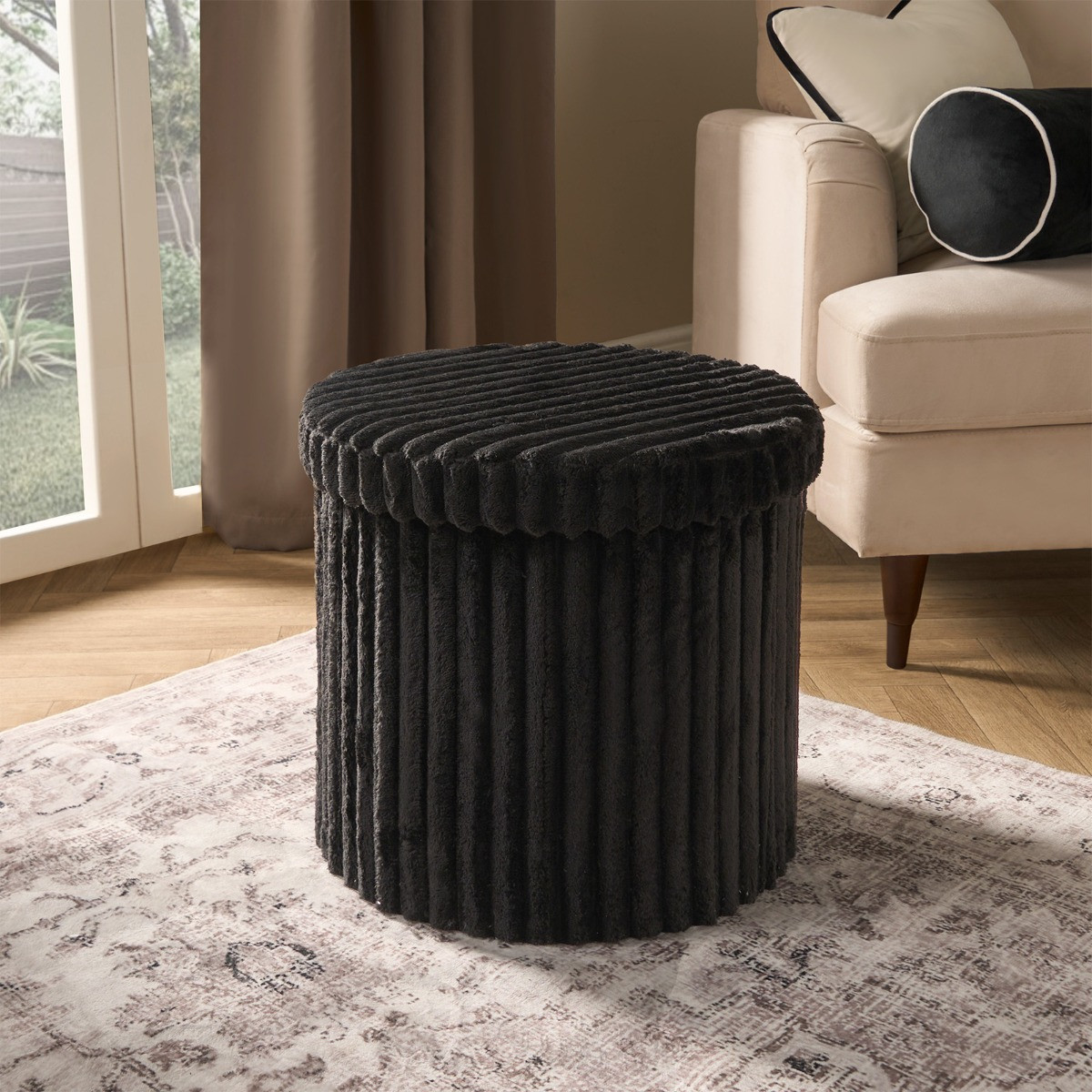 OHS Ribbed Foldable Round Storage Ottoman - Black>