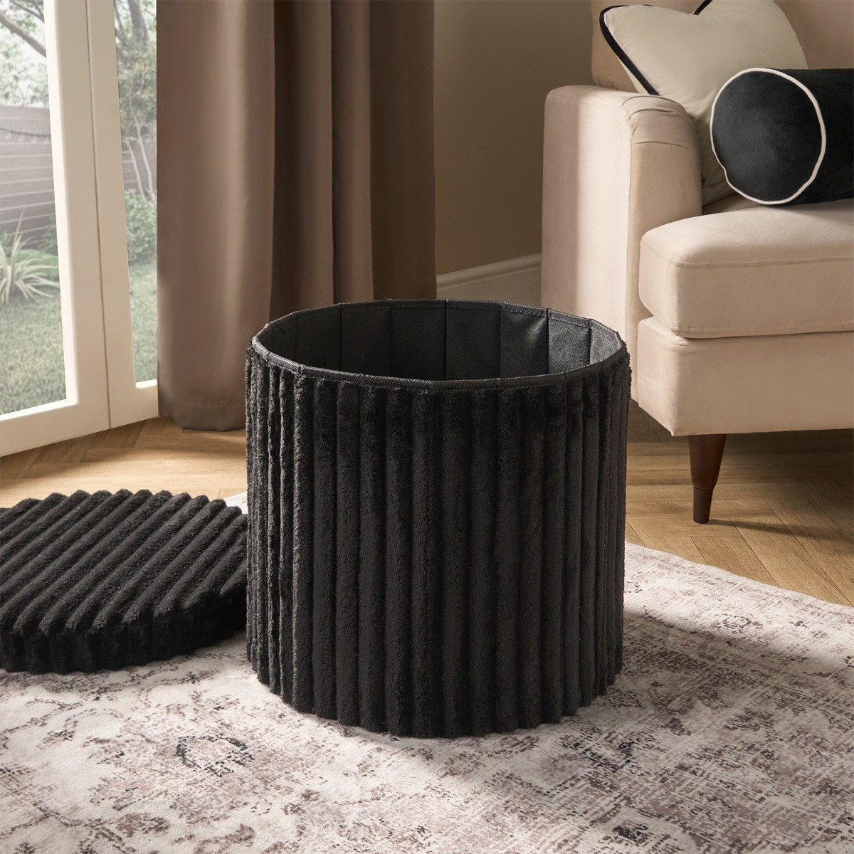 OHS Ribbed Foldable Round Storage Ottoman - Black>