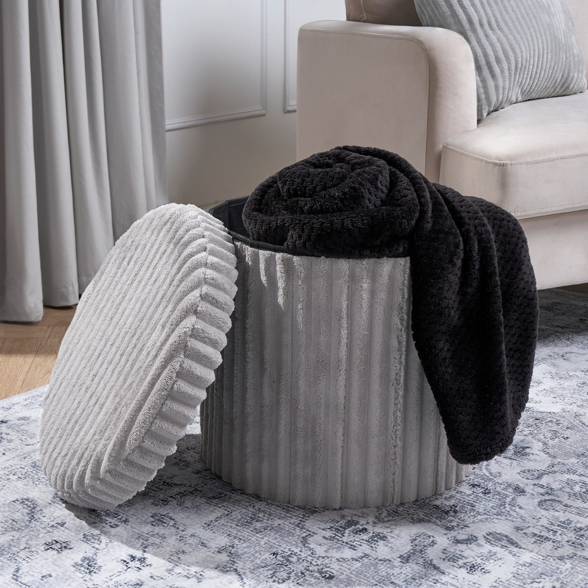OHS Ribbed Round Foldable Storage Ottoman - Grey>
