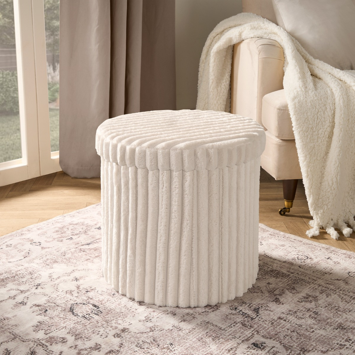 OHS Ribbed Foldable Round Storage Ottoman - Cream>