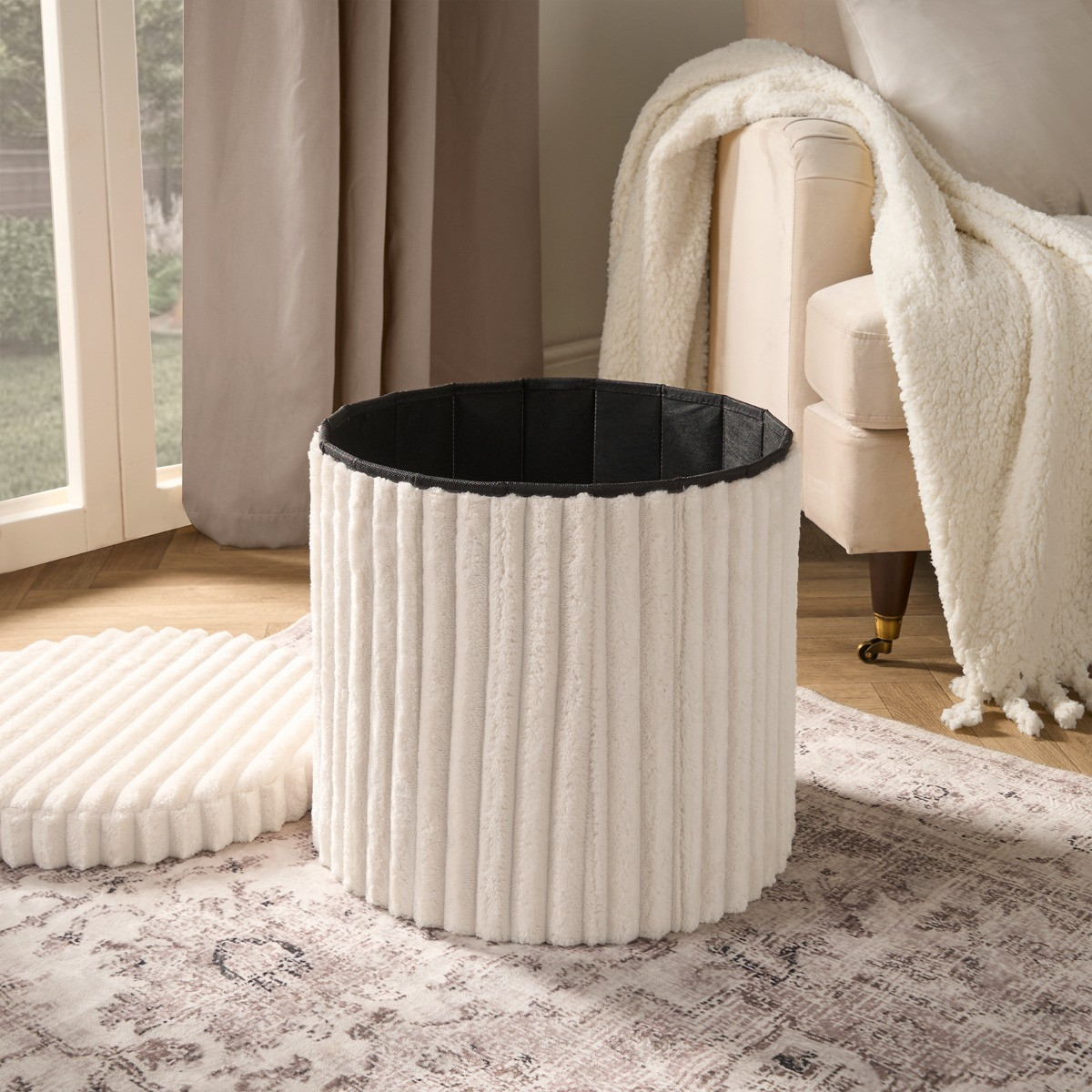 OHS Ribbed Foldable Round Storage Ottoman - Cream>