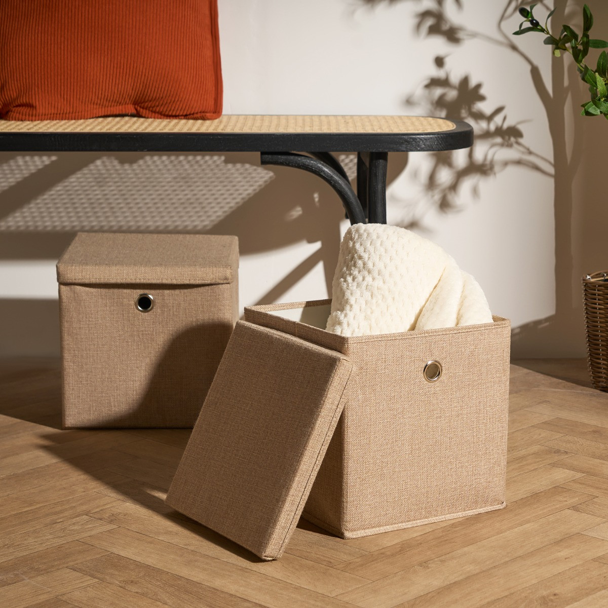 OHS 2 Faux Linen Storage Box With Lid, Natural - 2 Pack>