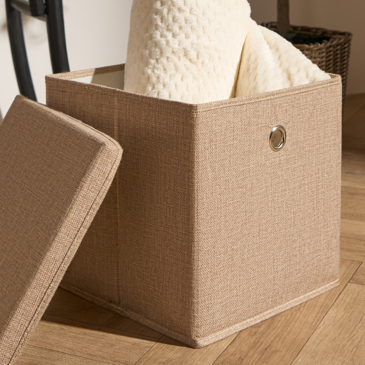 OHS 2 Faux Linen Storage Box With Lid, Natural - 2 Pack>