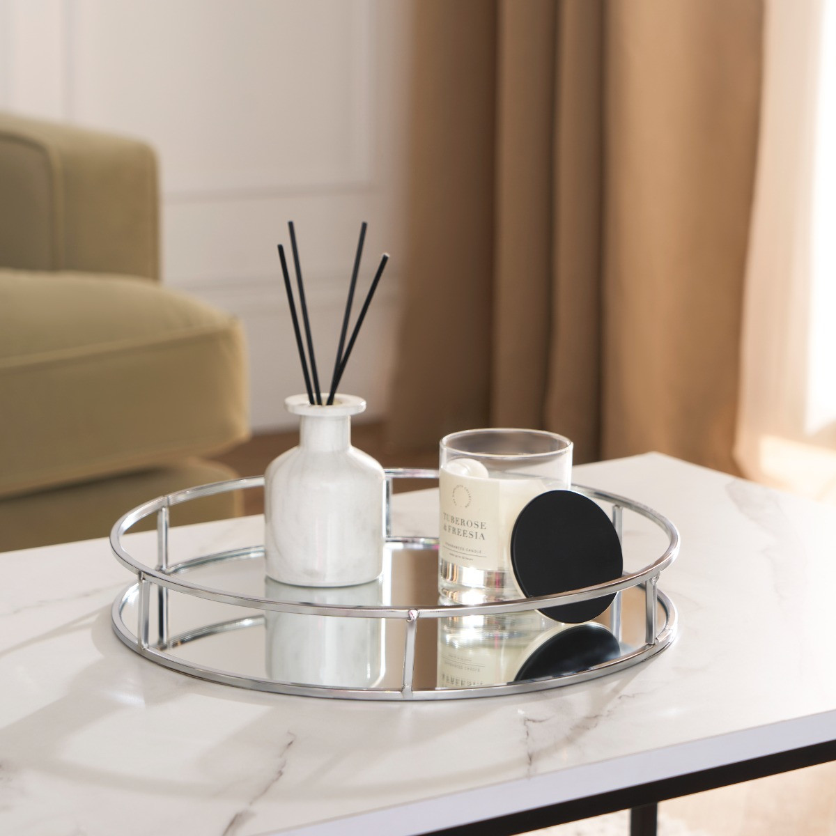 OHS Round Mirrored Tray - Silver>