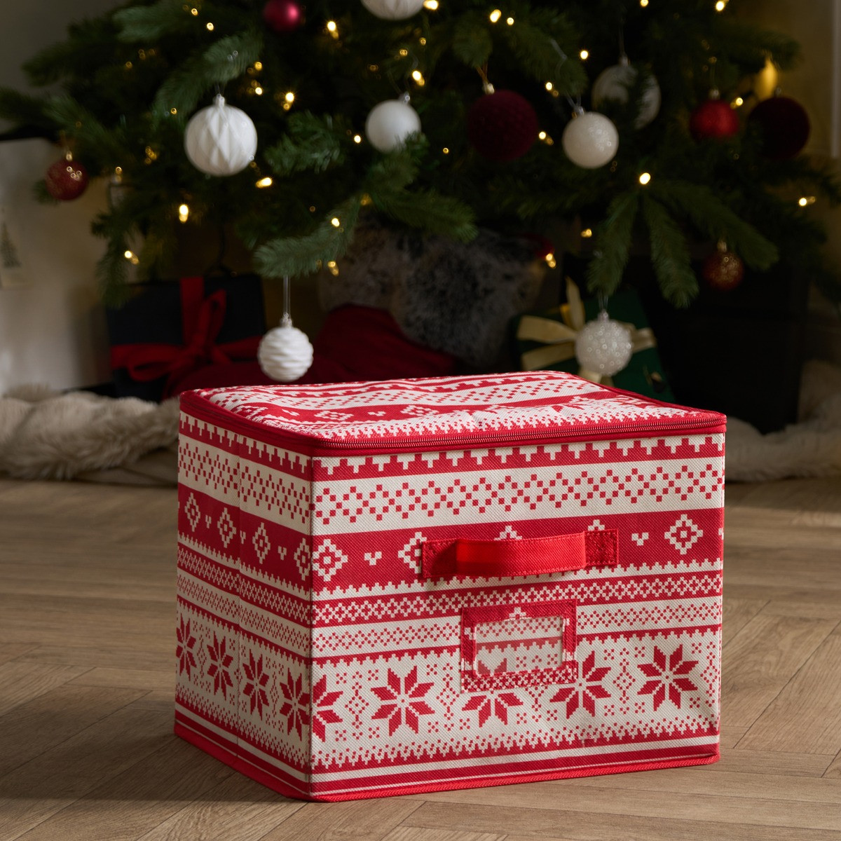 OHS Nordic Print Square Christmas Light Storage Box - Red>