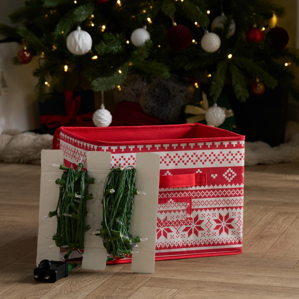 OHS Nordic Print Square Christmas Light Storage Box - Red>