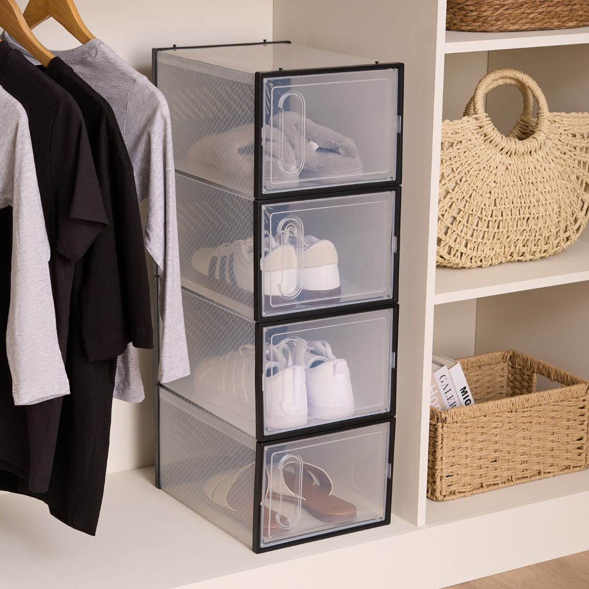 OHS 4 Stackable Shoe Boxes - Black/Clear>