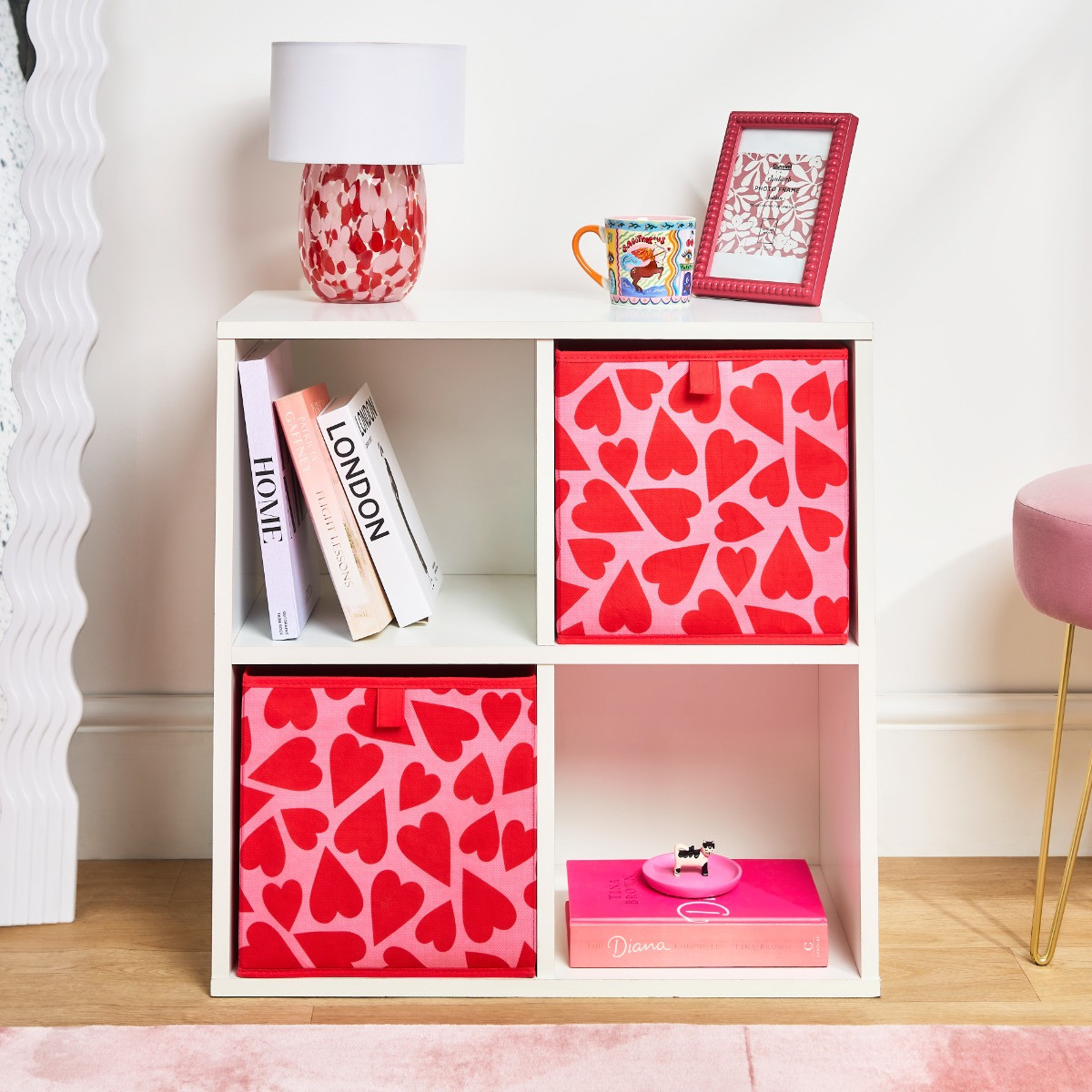 OHS Hearts Print Cube Storage Boxes, Pink/Red - 2 Pack>