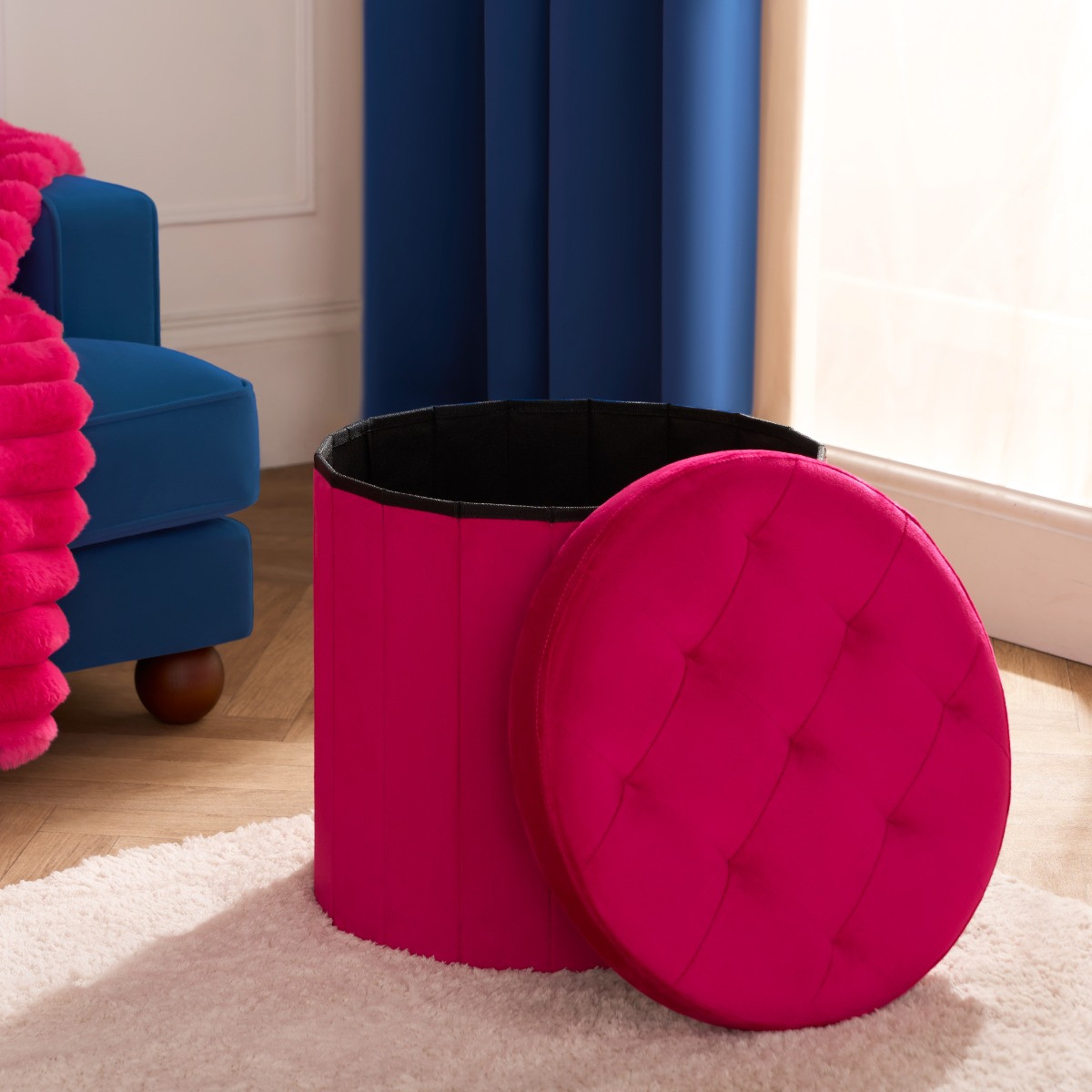 OHS Matte Velvet Foldable Round Storage Ottoman - Hot Pink >