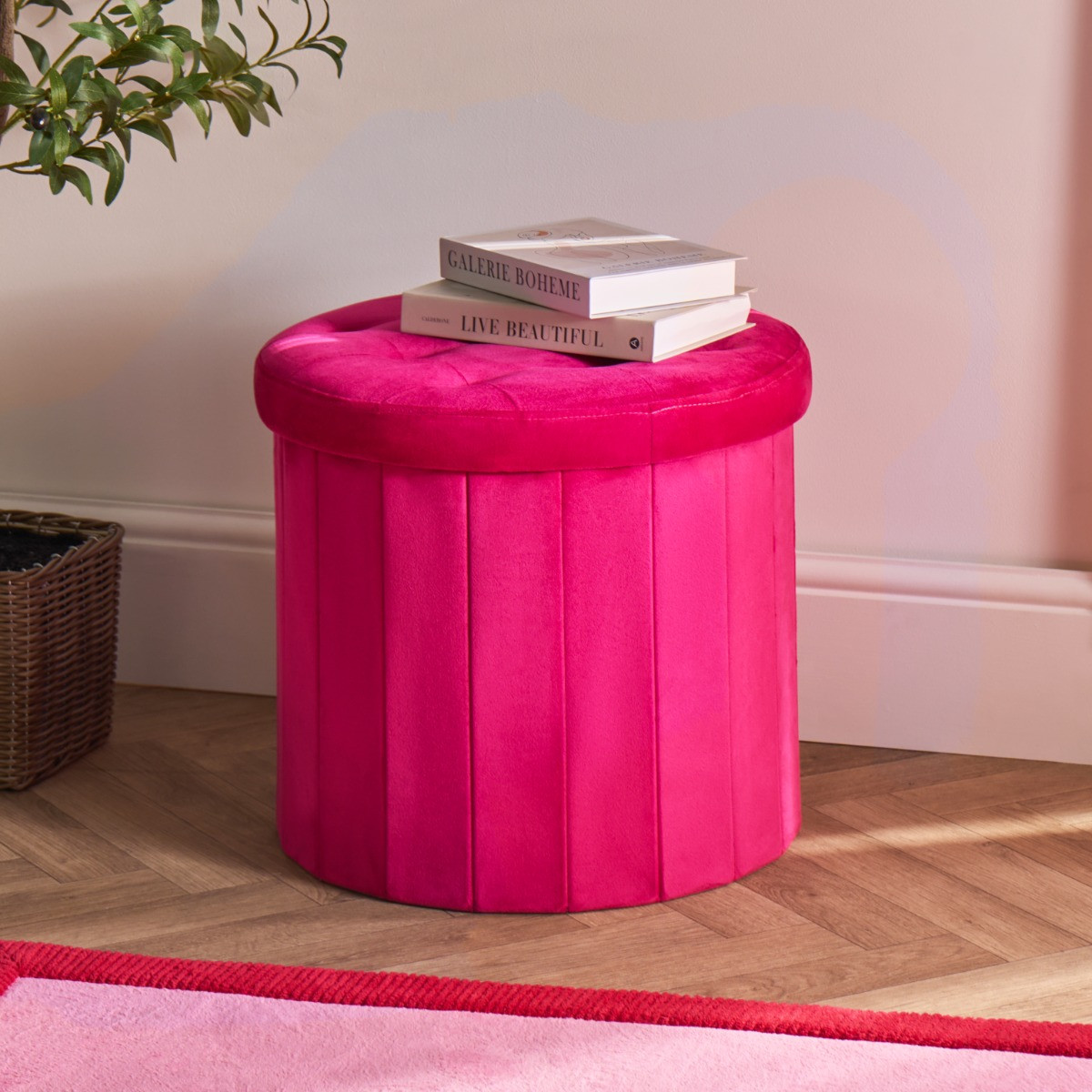 OHS Matte Velvet Foldable Round Storage Ottoman - Hot Pink >