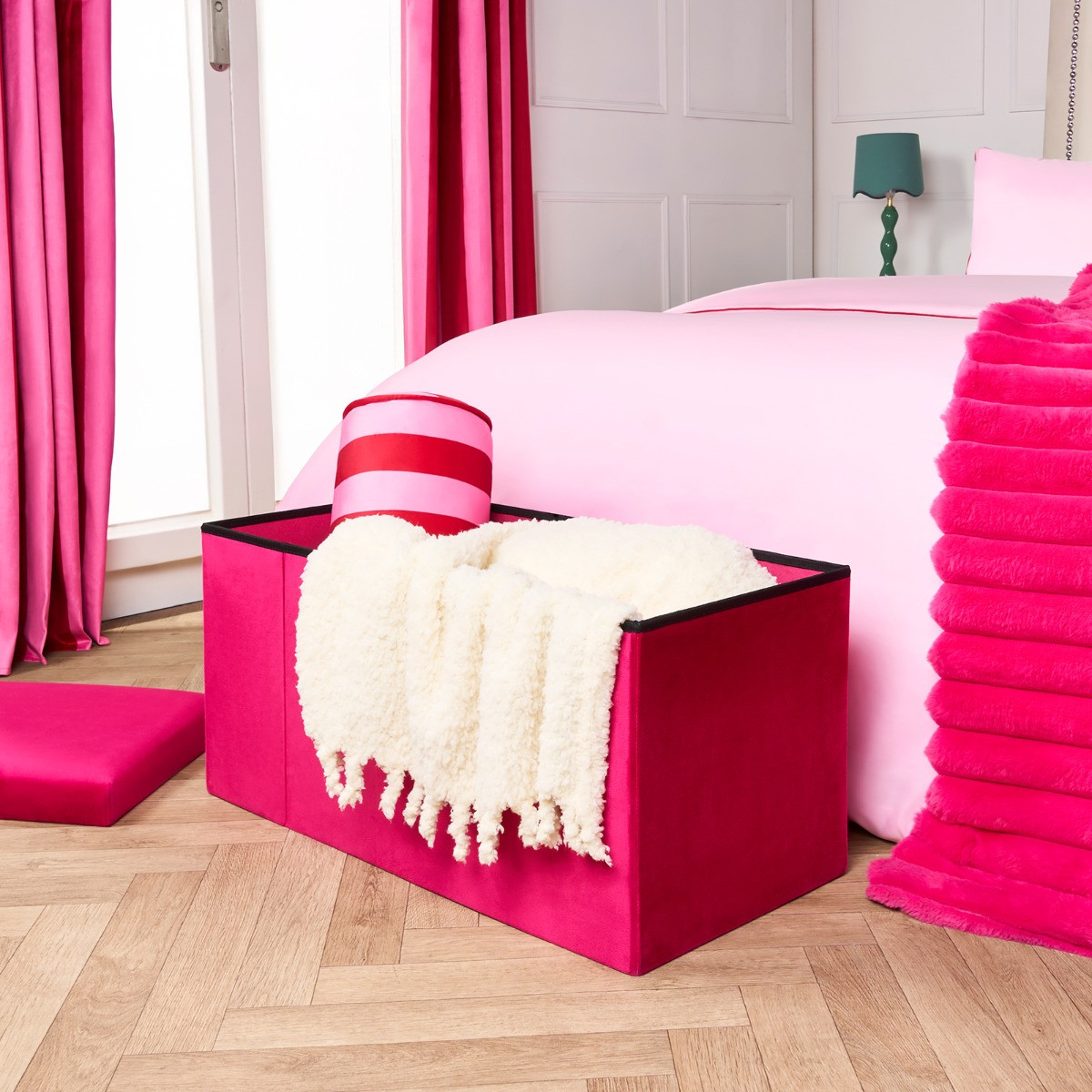 OHS Matte Velvet Foldable Rectangle Storage Ottoman -  Hot Pink  >