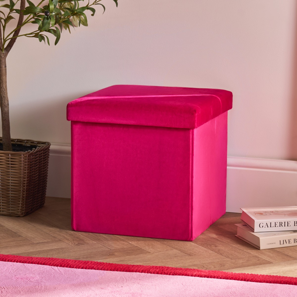 OHS Matte Velvet Foldable Cube Storage Ottoman - Hot Pink >