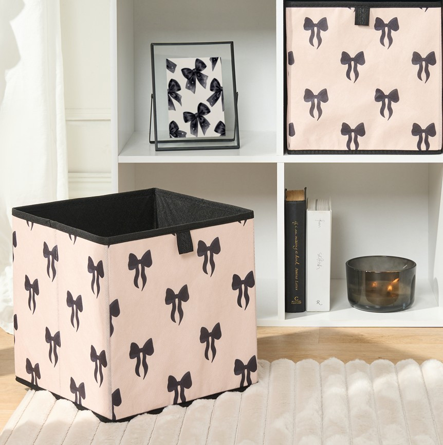 OHS Bow Print Cube Storage Boxes, Light Pink - 2 Pack>