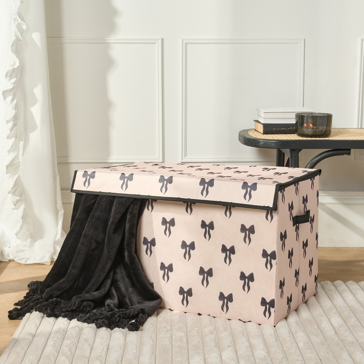 OHS Bow Print Large Collapsible Storage Box With Lid - Monochrome>