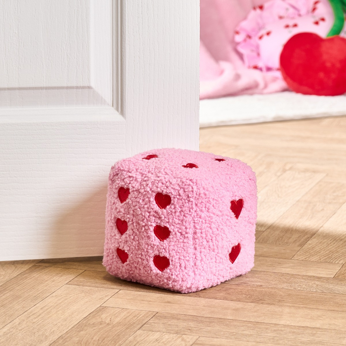 OHS Boucle Heart Print Dice Doorstop - Pink/Red>