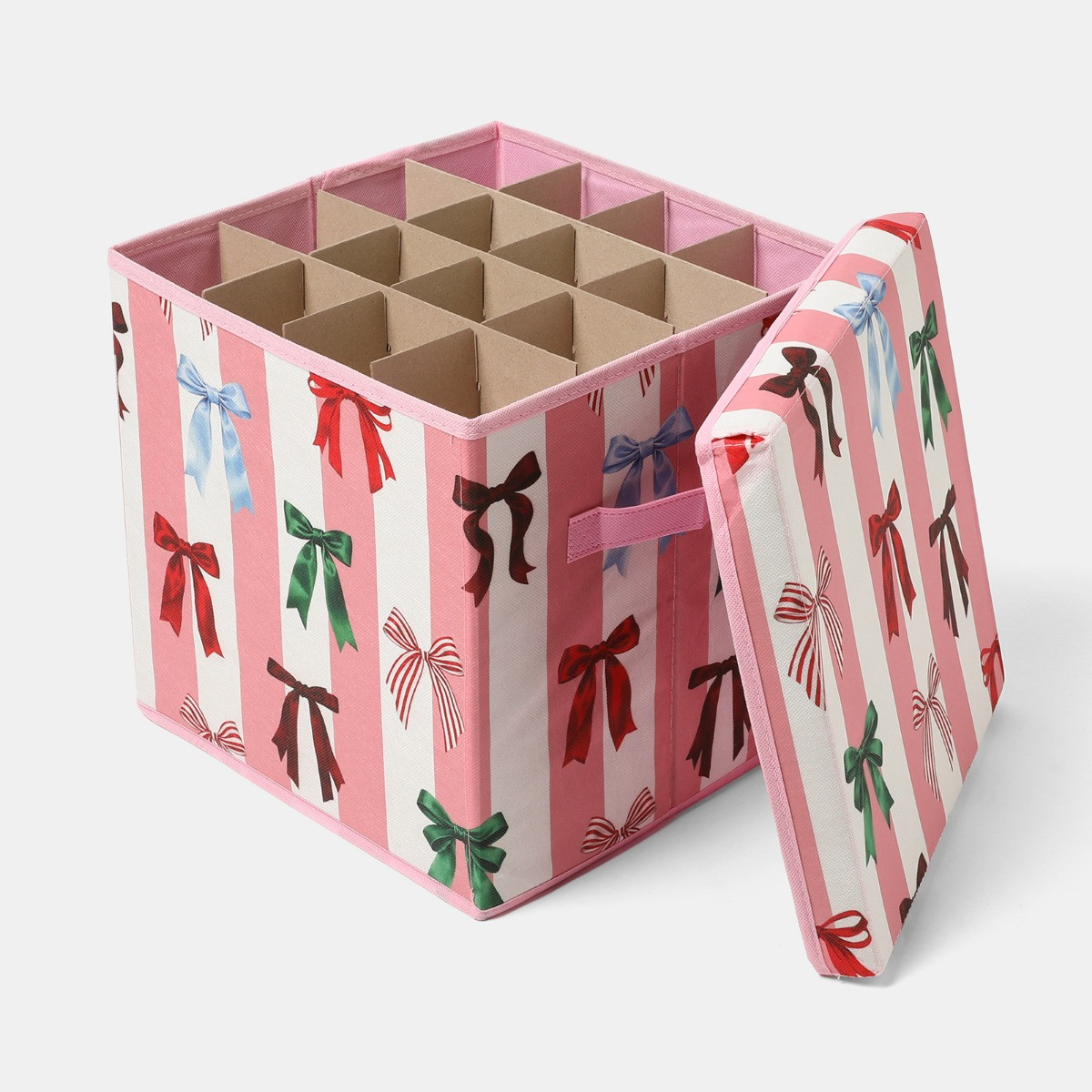OHS Multi Bow Stripe Christmas Bauble Storage Box - Pink/White>