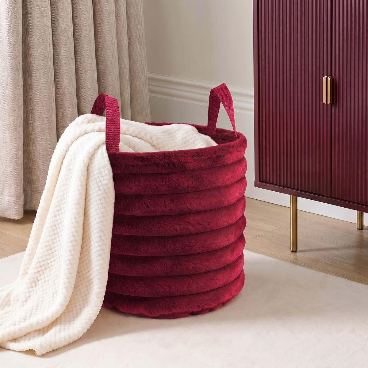 OHS Faux Fur Ribbed Storage Basket - Berry>