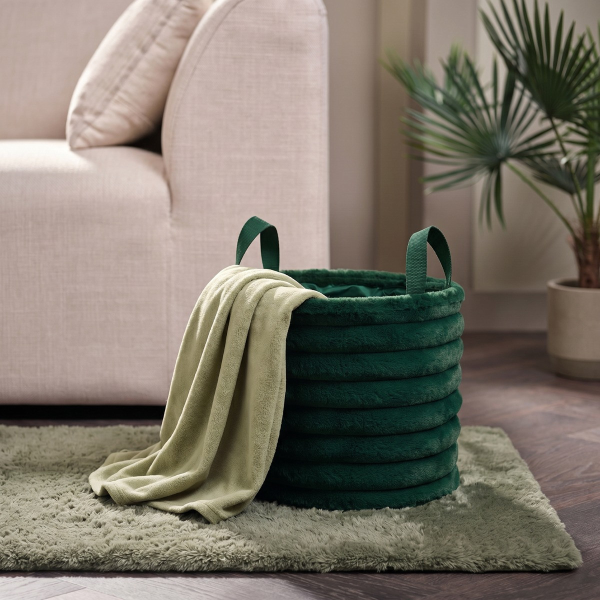 OHS Faux Fur Ribbed Storage Basket - Forest Green>