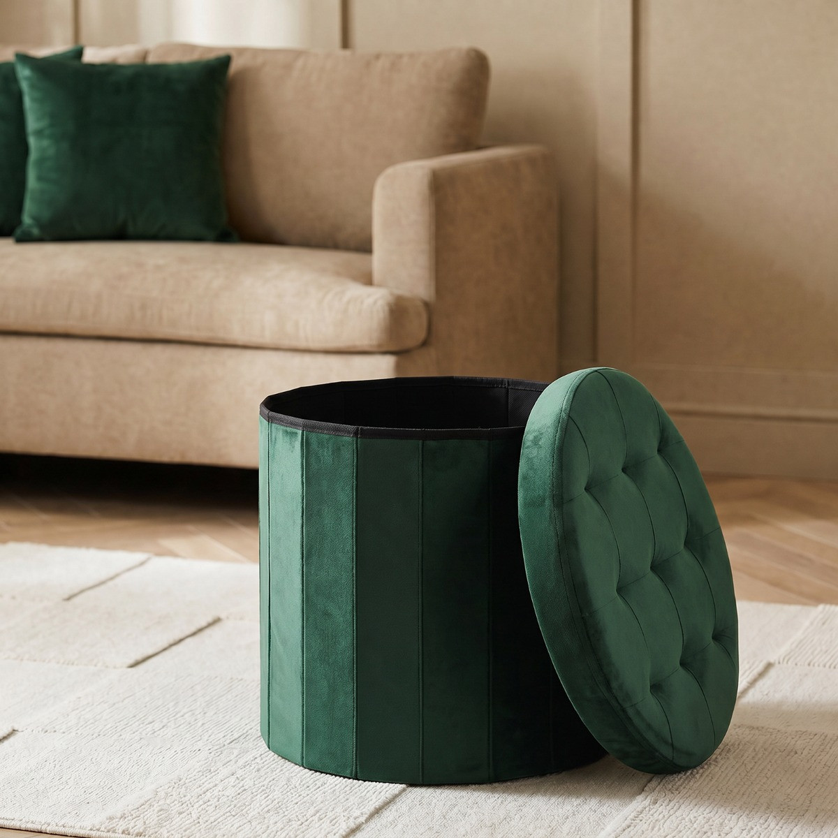 OHS Matte Velvet Foldable Round Storage Ottoman - Woodland Green>