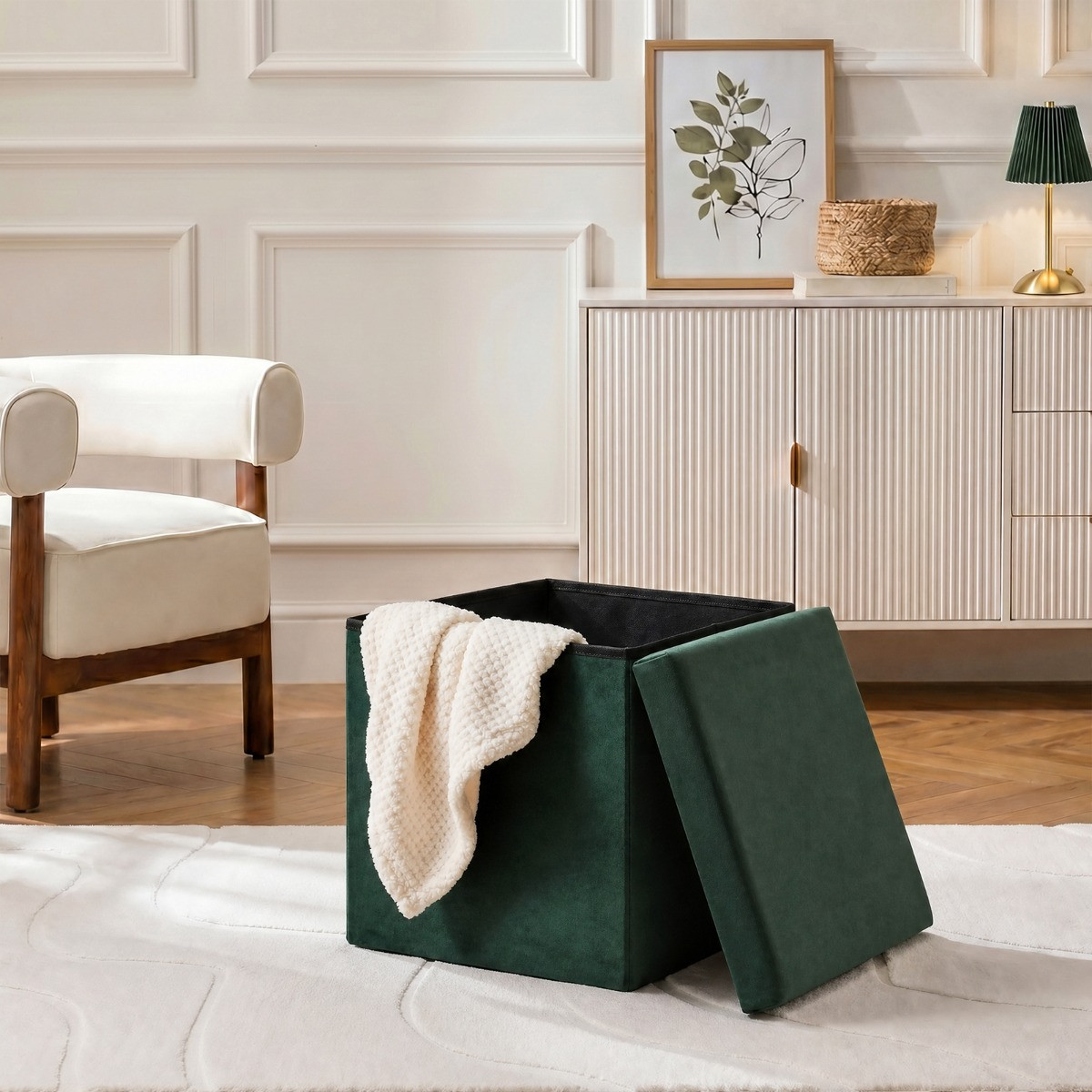 OHS Matte Velvet Foldable Cube Storage Ottoman - Woodland Green>