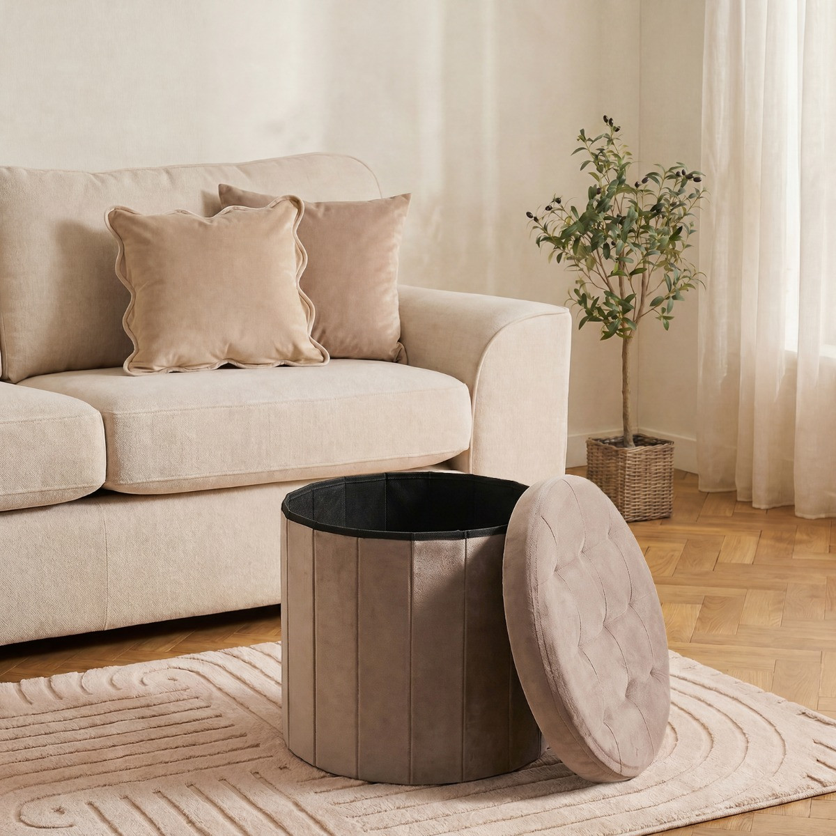 OHS Matte Velvet Foldable Round Storage Ottoman - Mink>