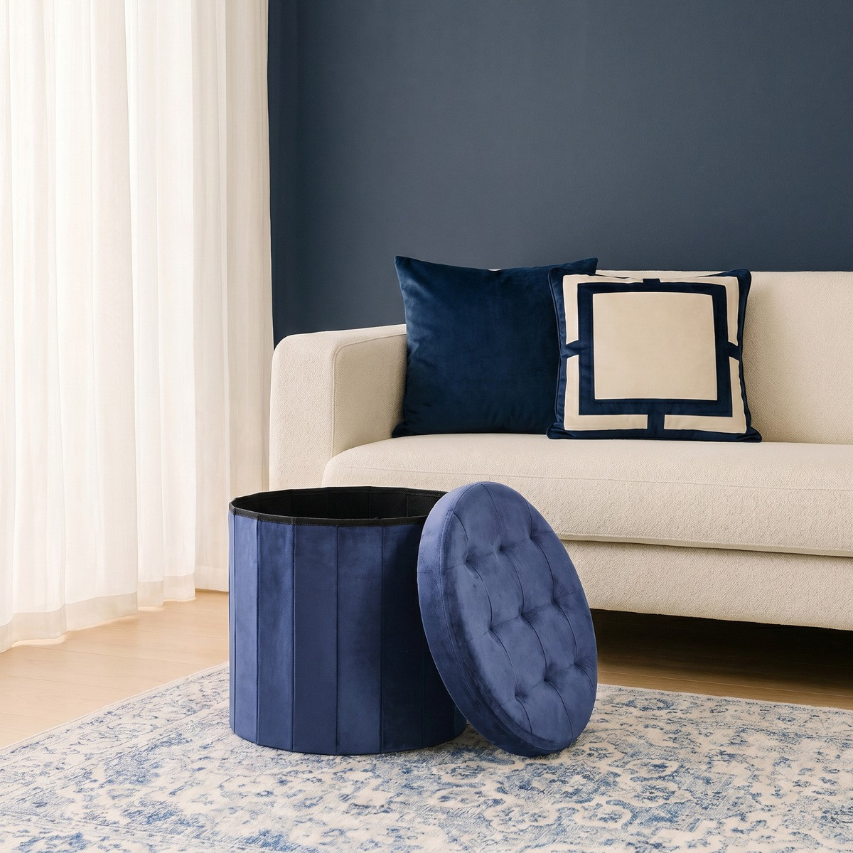 OHS Matte Velvet Foldable Round Storage Ottoman - Navy>