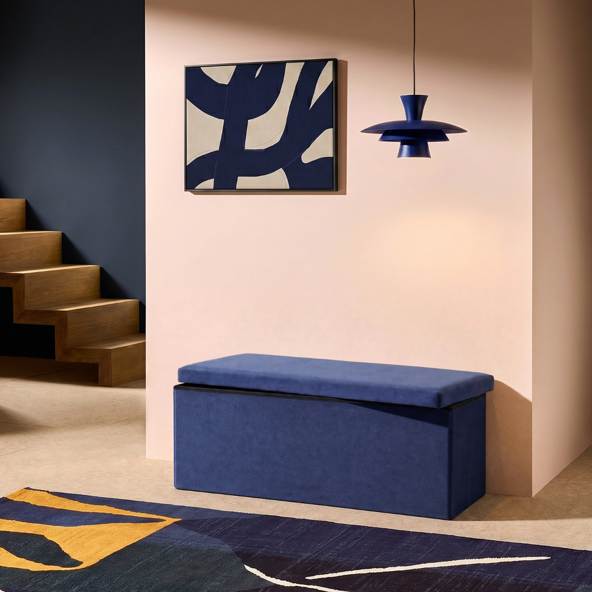 OHS Matte Velvet Foldable Rectangle Storage Ottoman - Navy>