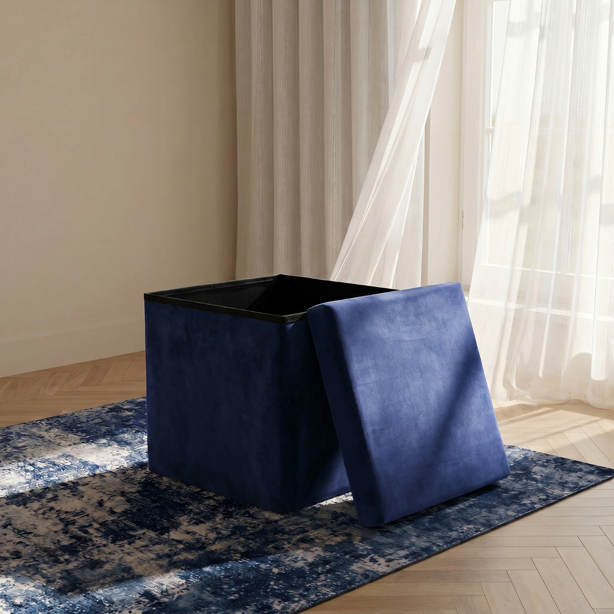 OHS Matte Velvet Foldable Cube Storage Ottoman - Navy>