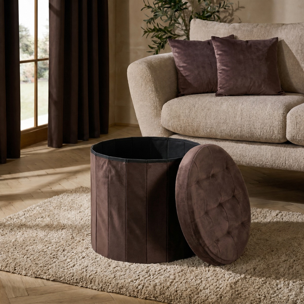 OHS Matte Velvet Foldable Round Storage Ottoman - Chocolate>