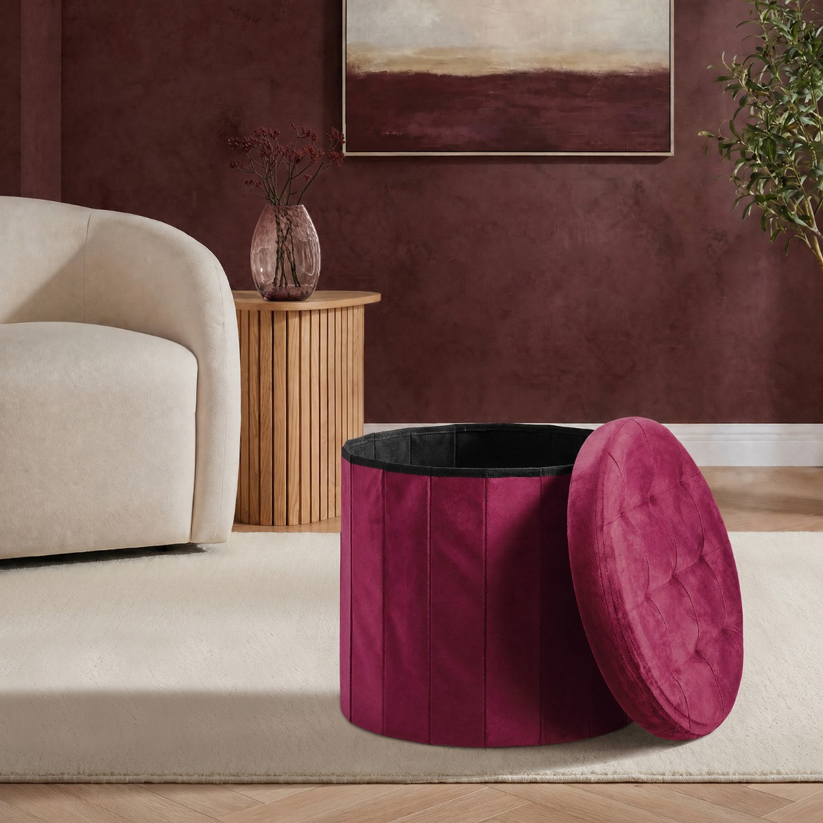 OHS Matte Velvet Foldable Round Storage Ottoman - Berry>