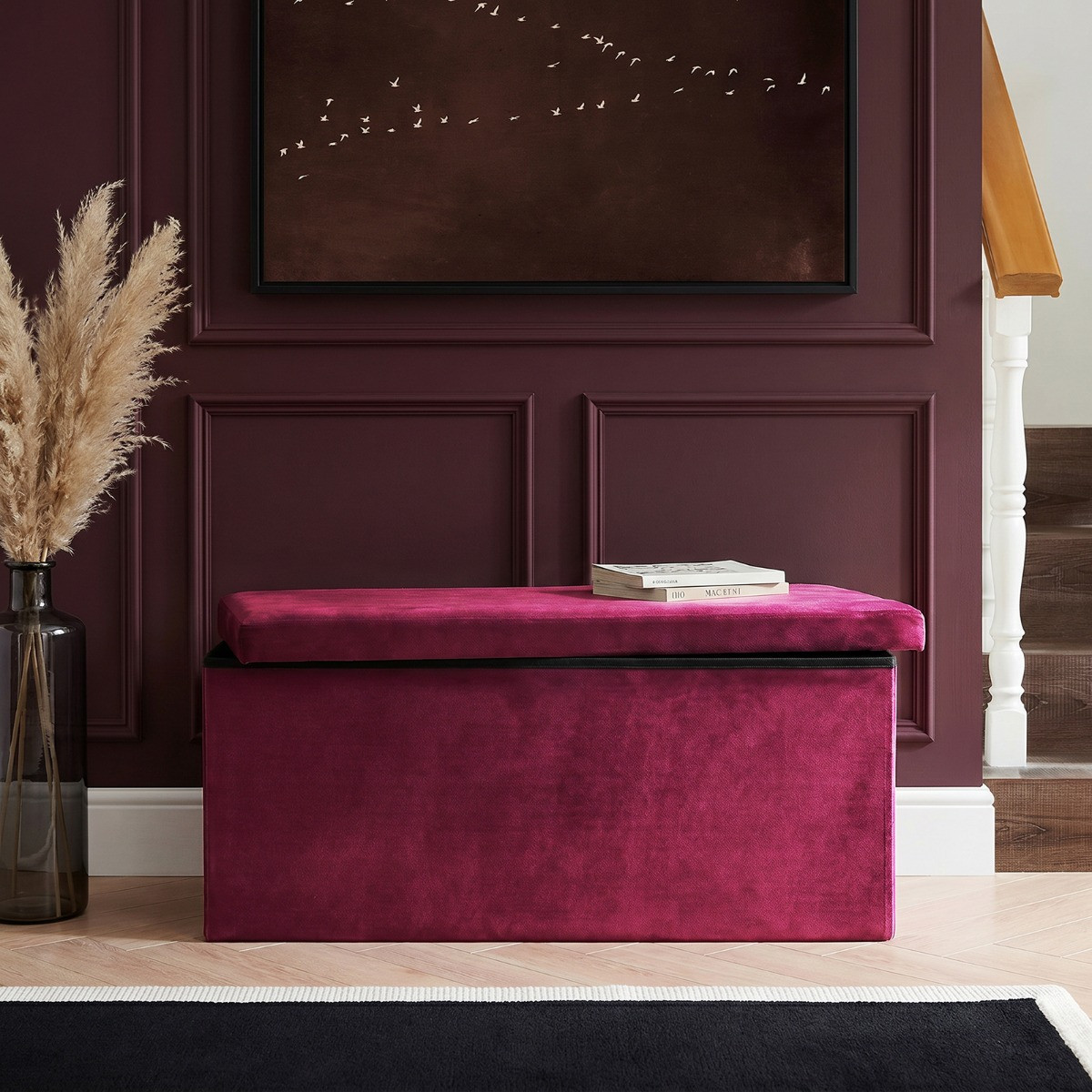OHS Matte Velvet Foldable Rectangle Storage Ottoman - Berry>