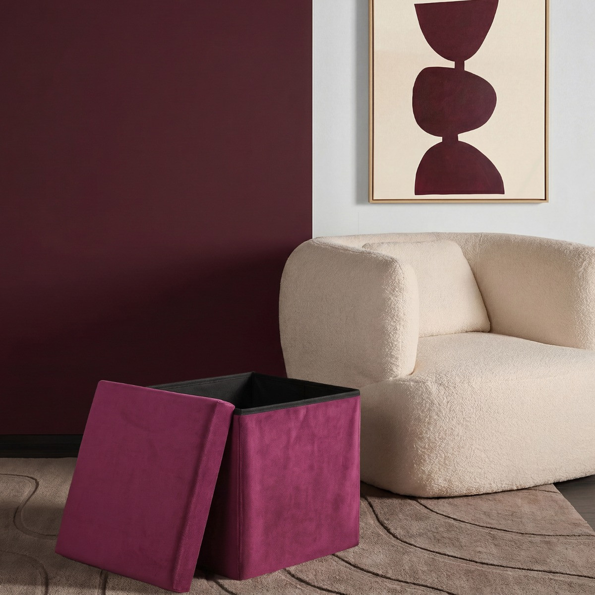 OHS Matte Velvet Foldable Cube Storage Ottoman - Berry>