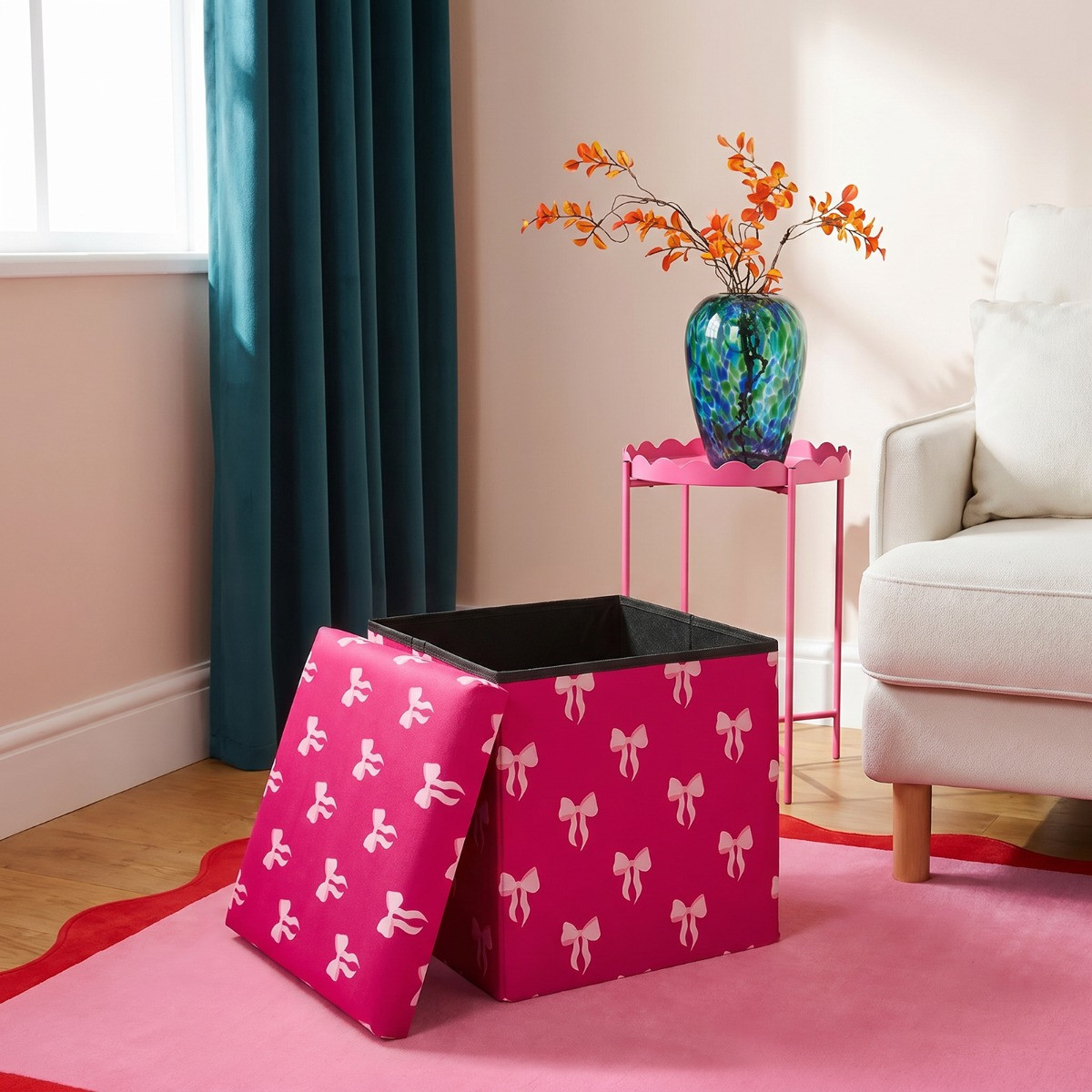 OHS Bow Print Velvet Foldable Cube Storage Ottoman - Hot Pink>